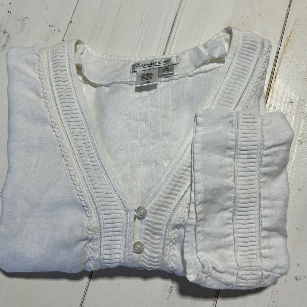 Coldwater Creek Womens 1X 100% Linen Top V Neck Ruffle Trim Button Blouse